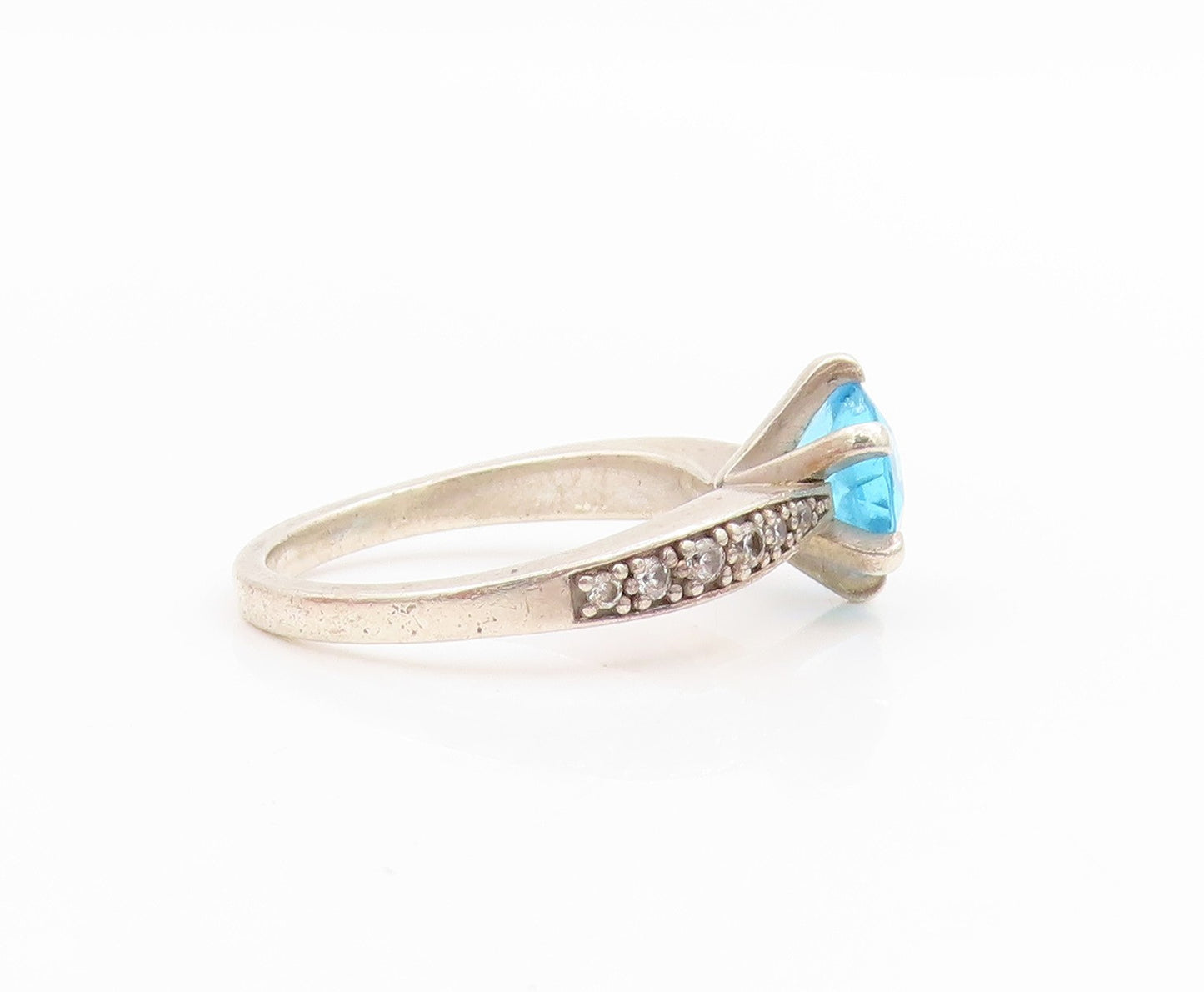 925 Sterling Silver Vintage Ring Round Cut Blue Topaz & CZ Band  Sz 8  RG33996