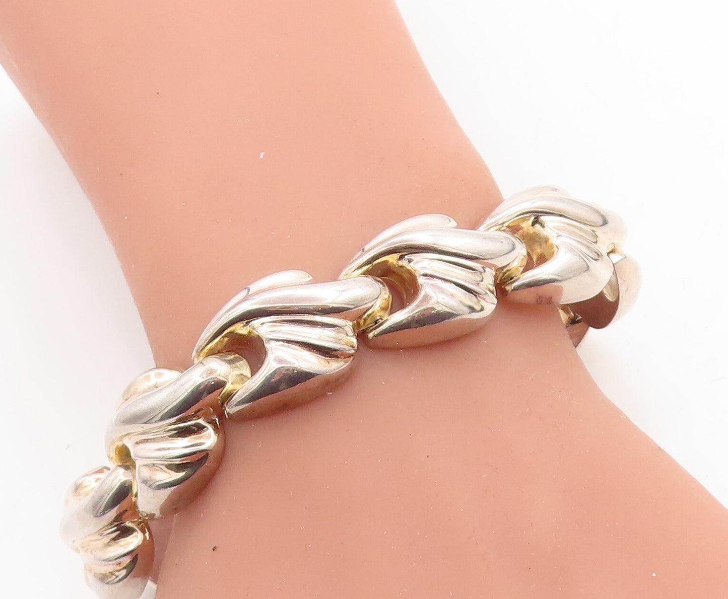 925 Sterling Silver  Vintage Shiny Fluted Hinge Link Chain Bracelet  BT2542