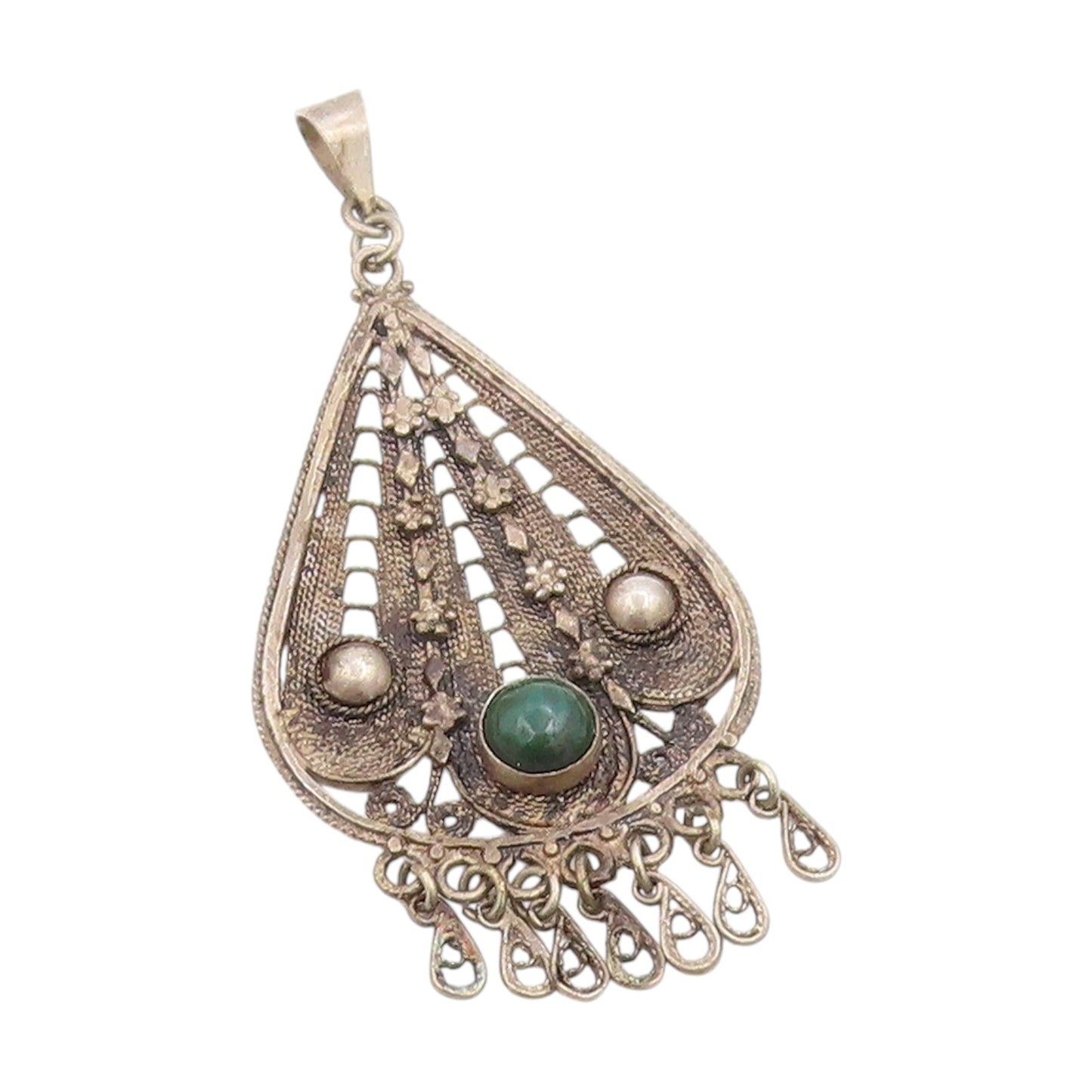 925 Sterling Silver Vintage Pendant Round Malachite Intricate Chandelier PT25449