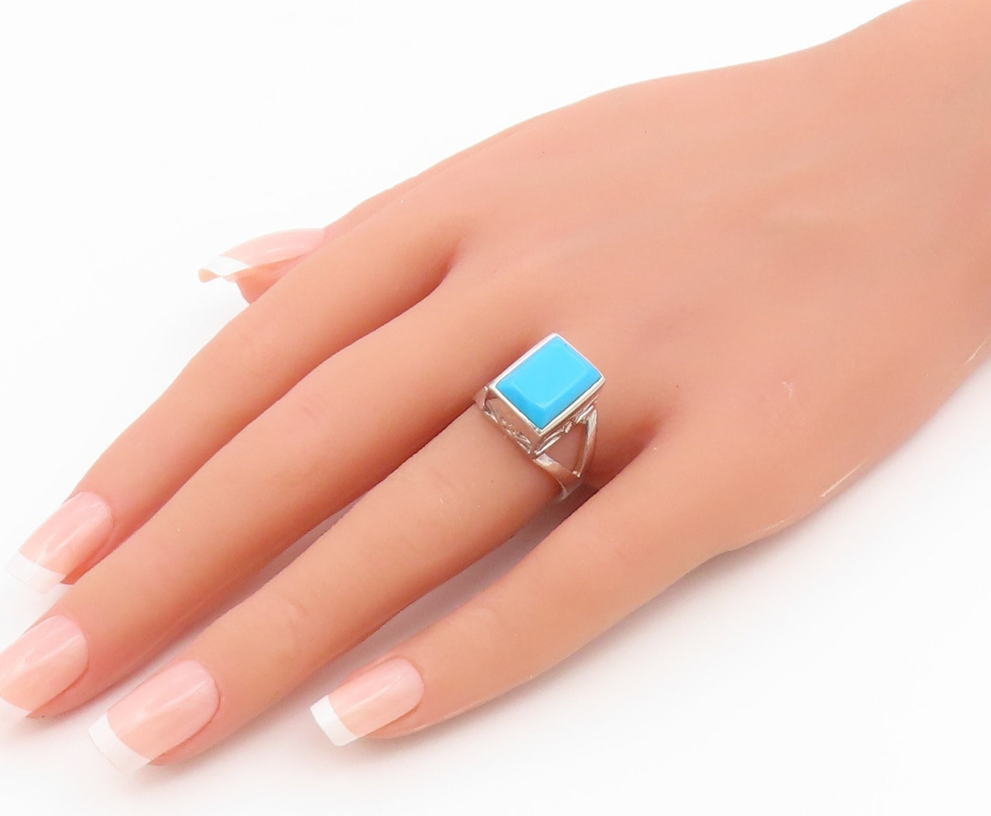 925 Sterling Silver Vintage Ring Turquoise Geometric Statement Band Sz 7 RG36791