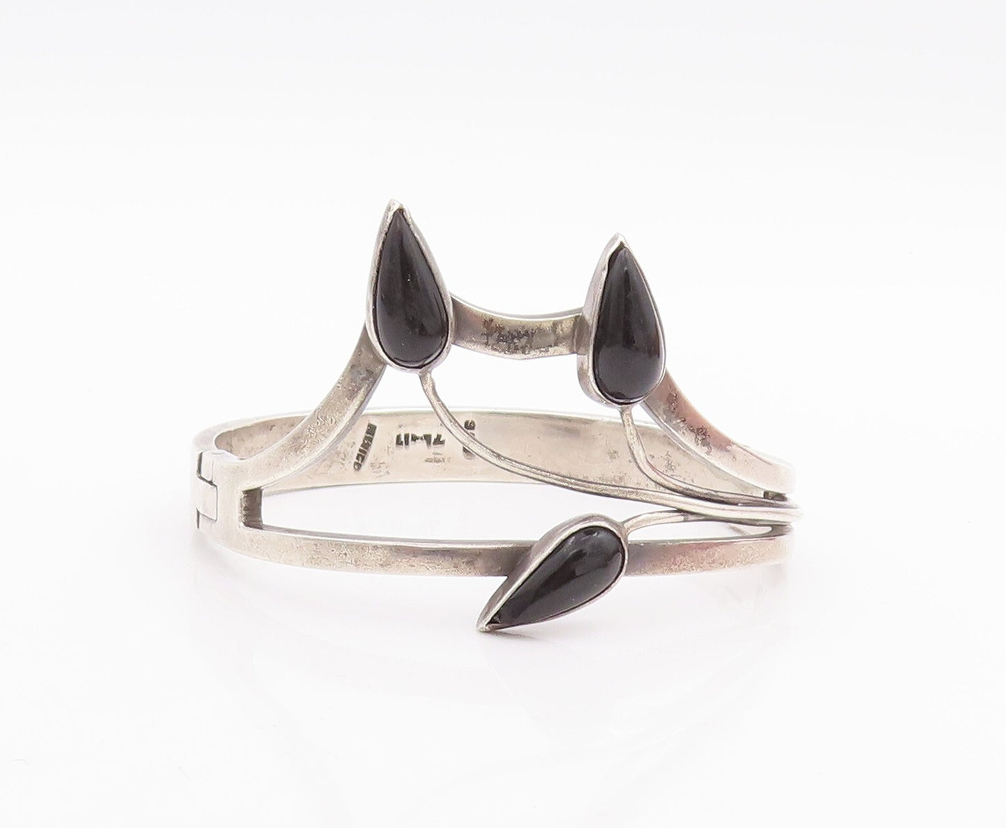 925 Sterling Silver Vintage Bracelet MEXICO Cutout Drop Shape Onyx Cuff  BT10702