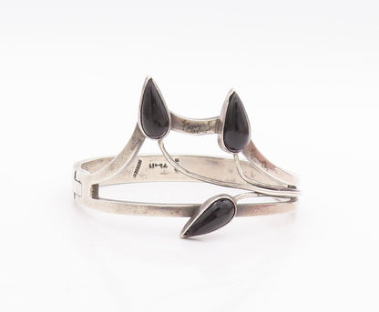 925 Sterling Silver Vintage Bracelet MEXICO Cutout Drop Shape Onyx Cuff  BT10702
