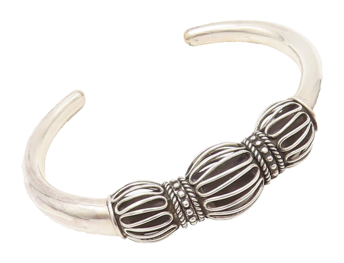 925 Sterling Silver  Vintage Wired Bead & Carved Beaded Cuff Bracelet  BT10080
