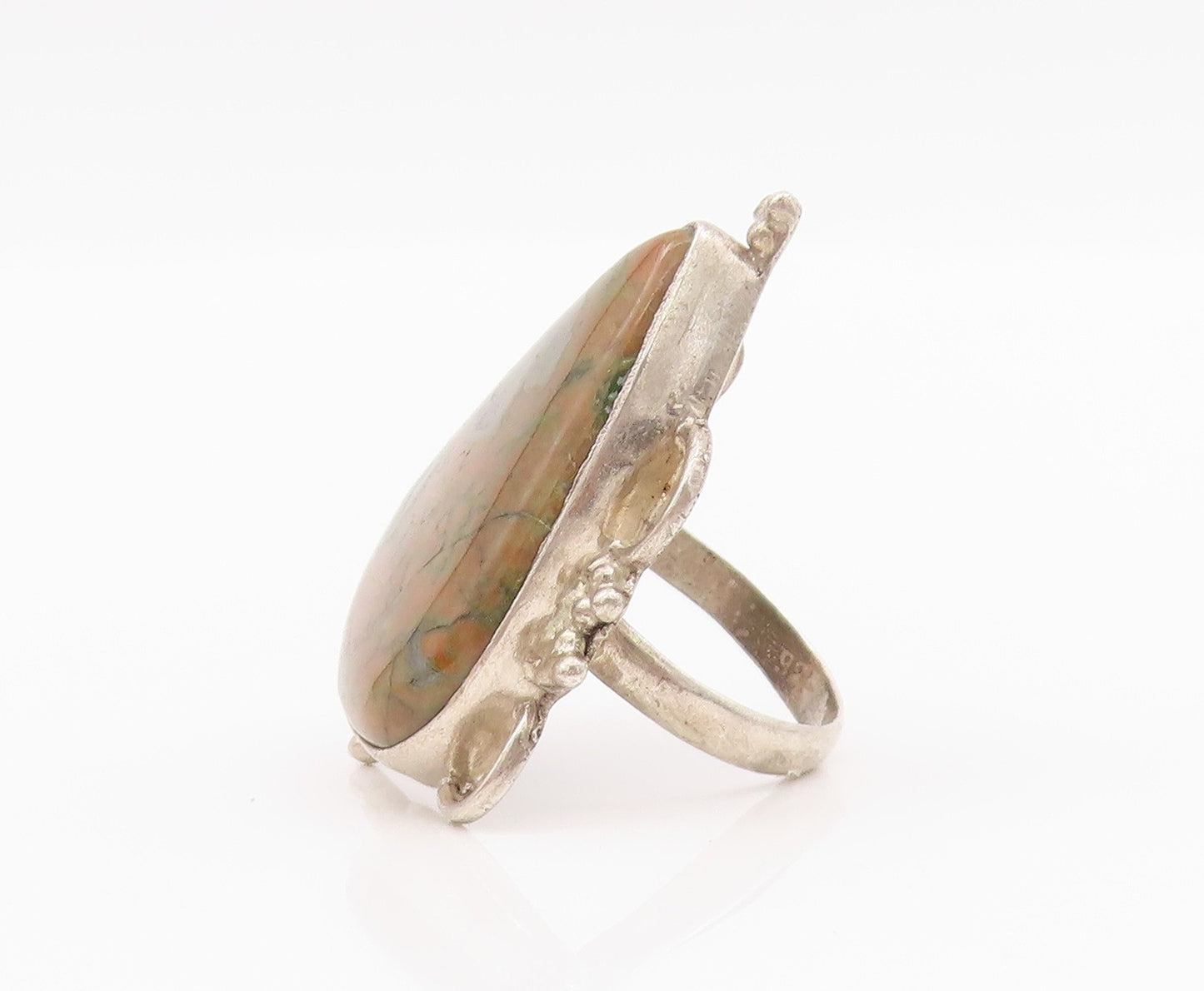 925 Sterling Silver Vintage Ring Carved Framed Drop Shape Gemstone Sz 5  RG33027