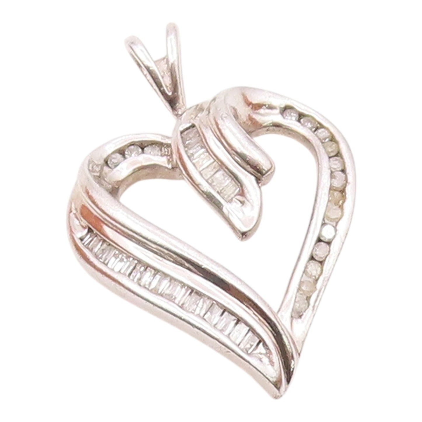 925 Sterling Silver  Vintage Genuine Diamonds Open Love Heart Pendant  PT17620