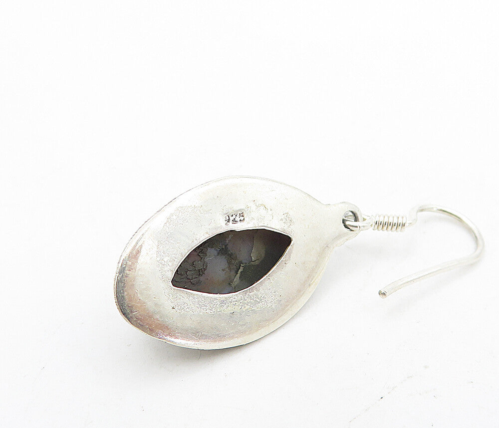 925 Sterling Silver  Vintage Cabochon Cut Spotted Agate Drop Earrings  EG3478