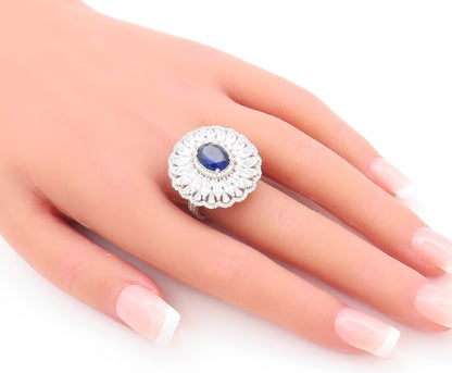 925 Sterling Silver Vintage Ring Sapphire & CZ Floral Inlay  Sz 7.5  RG29808