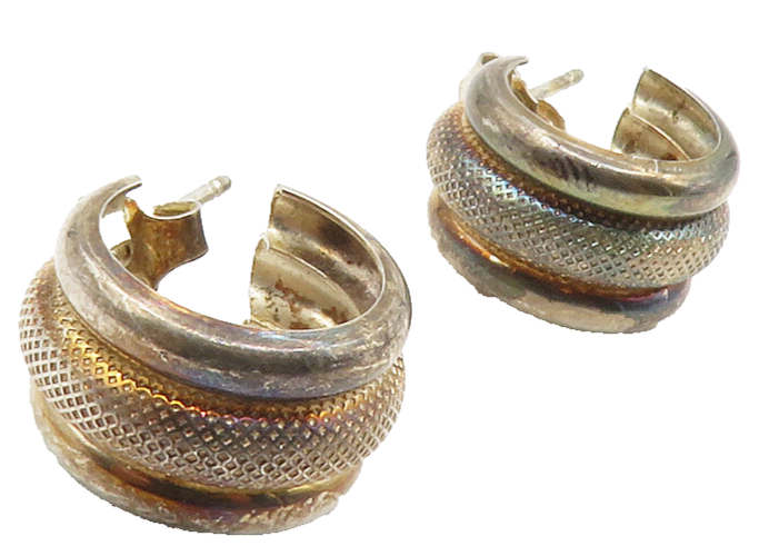 925 Sterling Silver  Vintage Dark Tone Textured Petite Hoop Earrings  EG7135