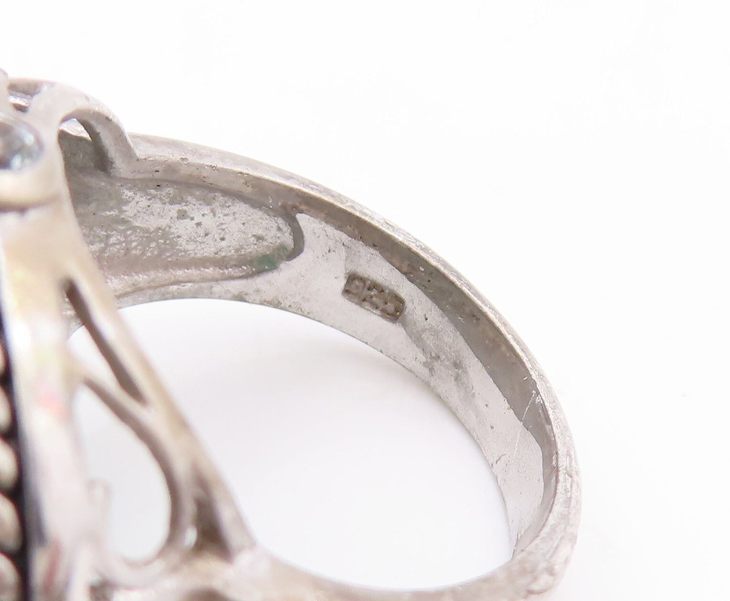925 Sterling Silver Vintage Ring Roped Border Green Onyx & Topaz  Sz 7  RG29395
