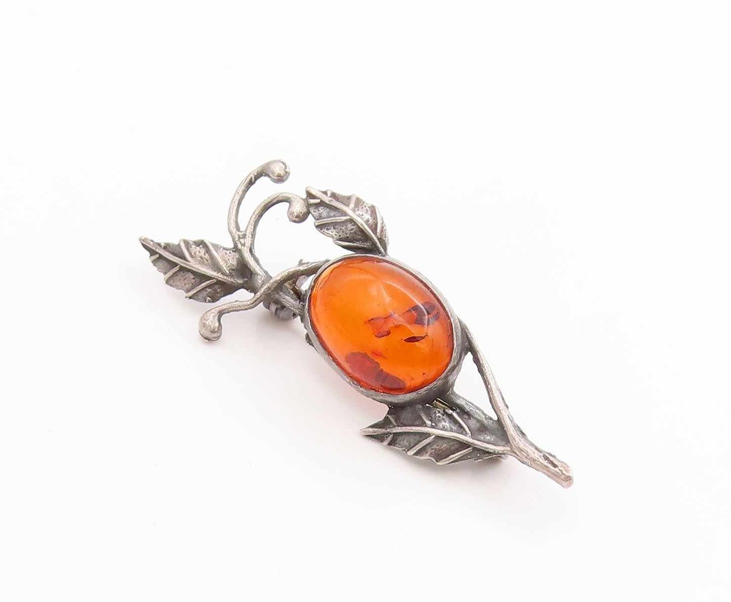 925 Sterling Silver Vintage Brooch Oval Amber Etched leaves With Branch  BP11840