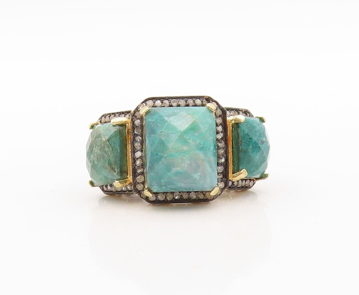 925 Sterling Silver Vintage Ring Diamonds & Rectangle Gemstone  Sz 6.5  RG30919