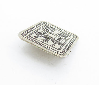925 Sterling Silver  Vintage Etched House Pattern Square Brooch Pin  BP2178