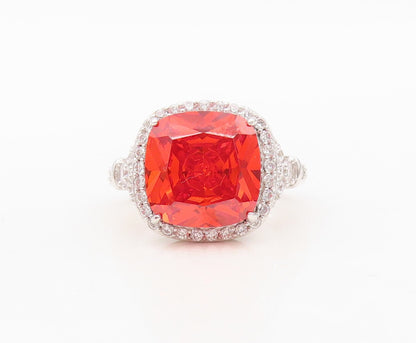 925 Sterling Silver Vintage Ring Square Orange Halo White CZ  Sz 7 RG30359
