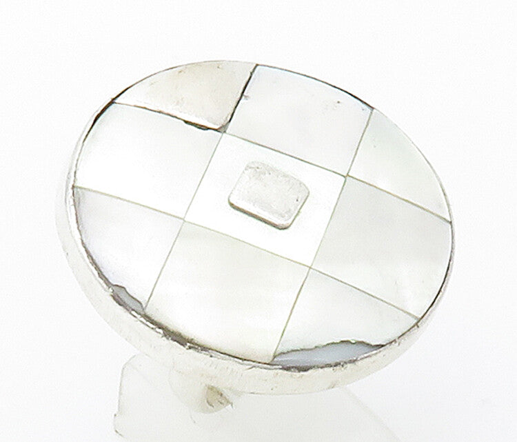 SANDY BAKER 925 Silver  Vintage Mother Of Pearl Cocktail Ring Sz 9  RG16414
