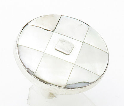 SANDY BAKER 925 Silver  Vintage Mother Of Pearl Cocktail Ring Sz 9  RG16414