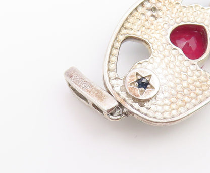 925 Sterling Silver Vintage Pendant Heart Ruby Enamel Leaf Cutout Charm  PT26561