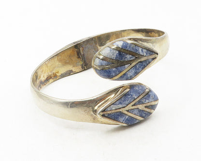 MEXICO 925 Silver  Vintage Inlaid Sodalite Smooth Bypass Cuff Bracelet  BT4179