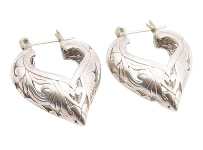 925 Sterling Silver Vintage Earrings Elegant Scrollwork Love Heart Hoop  EG14395