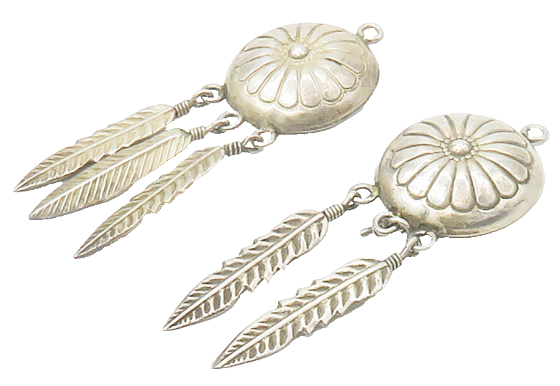 NAVAJO 925 Sterling Silver  Vintage Floral Feathers Dangle Earrings  EG8579