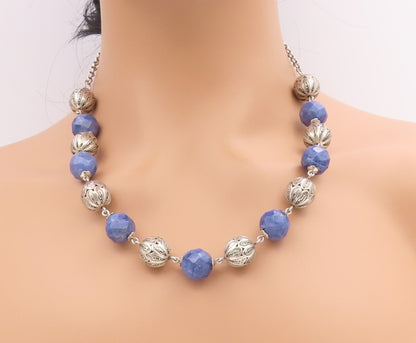 925 Sterling Silver Vintage Necklace Lapis Lazuli Beaded Bohemian Chain  NE4757