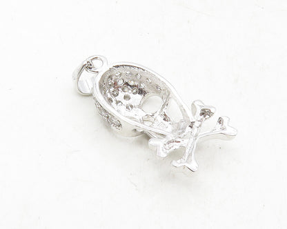 925 Sterling Silver  Petite Shiny Topaz Skull & Cross Bones Pendant  PT7841