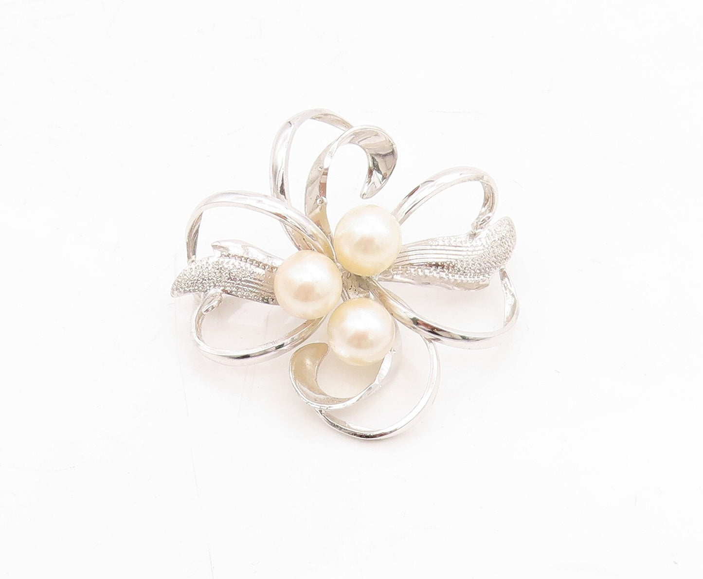 925 Sterling Silver Vintage Brooch Designer Cutout Pearl Flower  BP11470