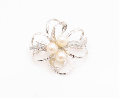 925 Sterling Silver Vintage Brooch Designer Cutout Pearl Flower  BP11470