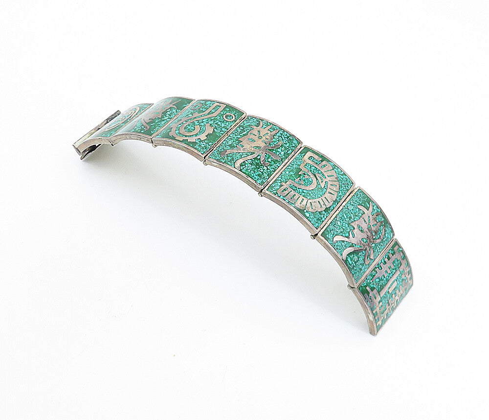CFR MEXICO 925 Silver Vintage Inlaid Gemstone Traditional Chain Bracelet  BT3190