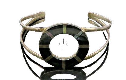925 Sterling Silver  Vintage Black Onyx Open Circle Cuff Bracelet  BT8258