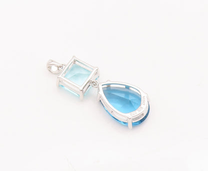 925 Sterling Silver Vintage Pendant Square & Drop Cut Two Tone Blue CZ  PT23077