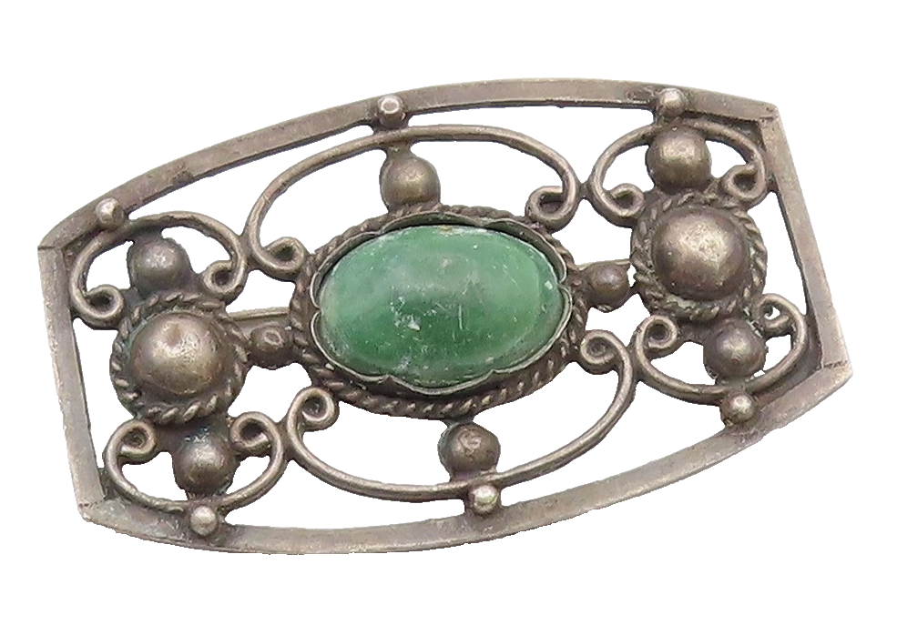 MEXICO 925 Sterling Silver Vintage Antique Real Jasper Swirl Brooch Pin  BP6301