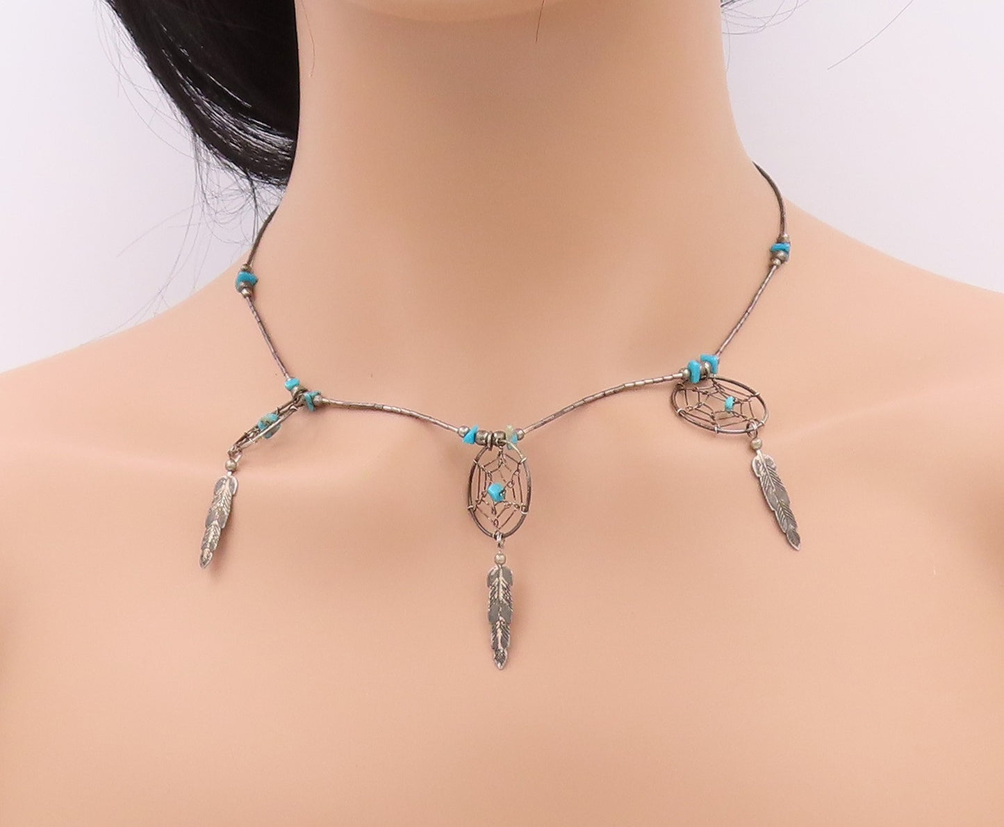 925 Sterling Silver Vintage Necklace Antique Turquoise Dream Catchers  NE4558