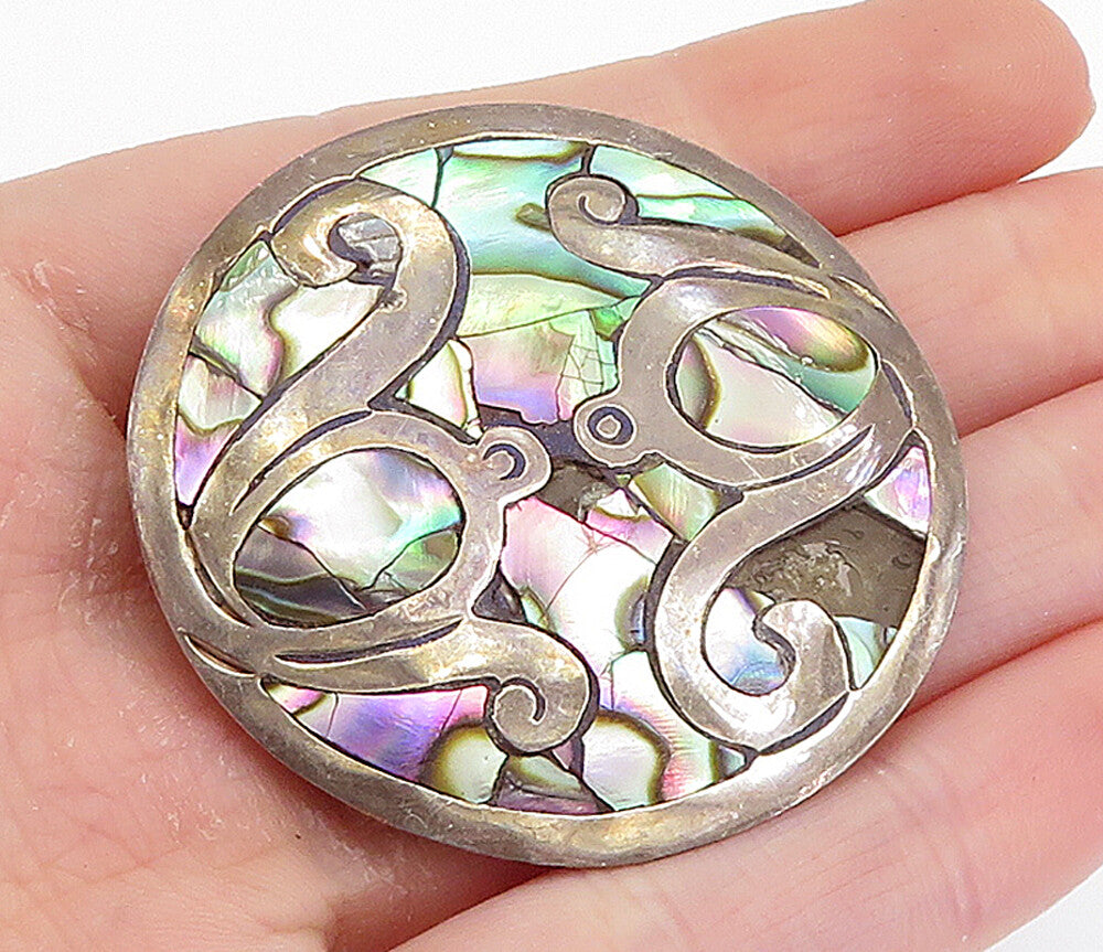 MEXICO 925 Sterling Silver  Vintage Abalone Shell Pattern Brooch Pin  BP2803