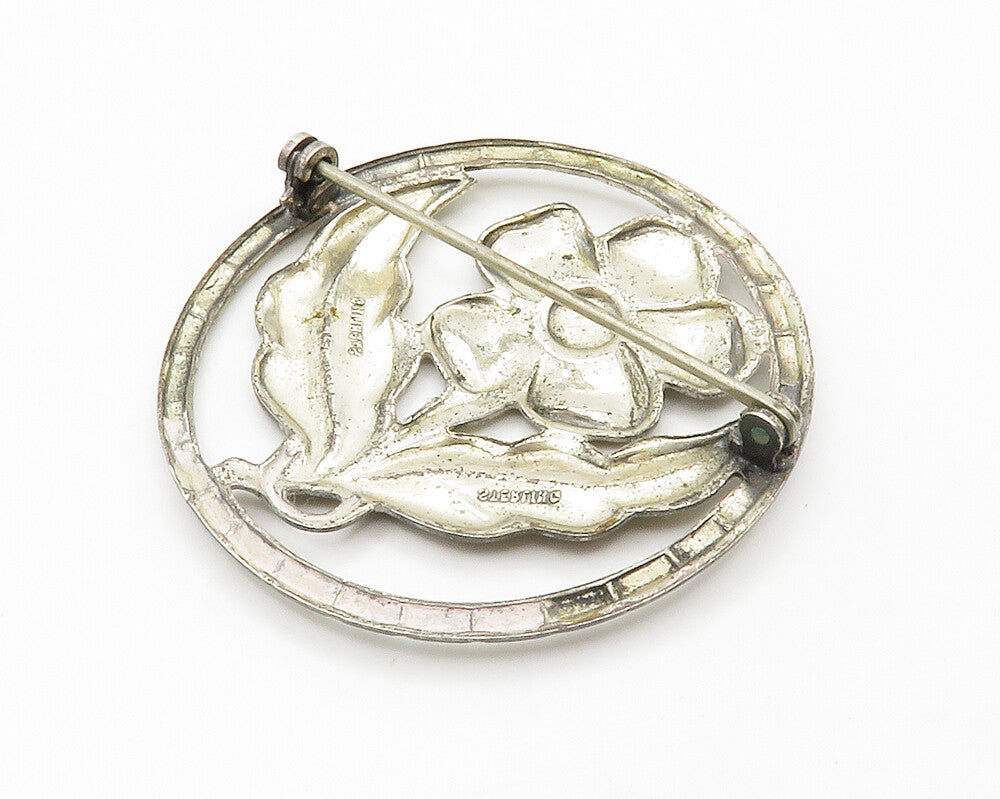925 Sterling Silver  Vintage Shiny Blooming Flower Round Brooch Pin  BP5638