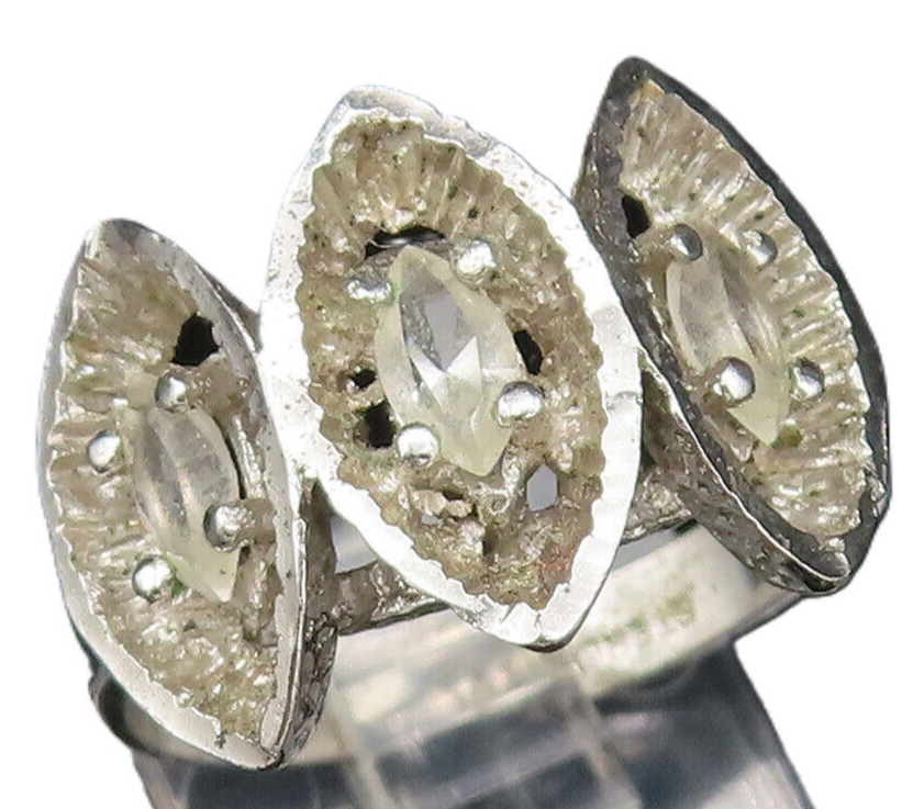 925 Silver  Vintage Three Stone Marquise Shaped Topaz Ring Sz 8.25  RG26103