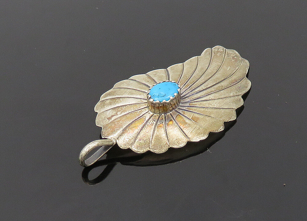 NAVAJO 925 Sterling Silver  Vintage Turquoise Floral Leaf Pendant  PT16286