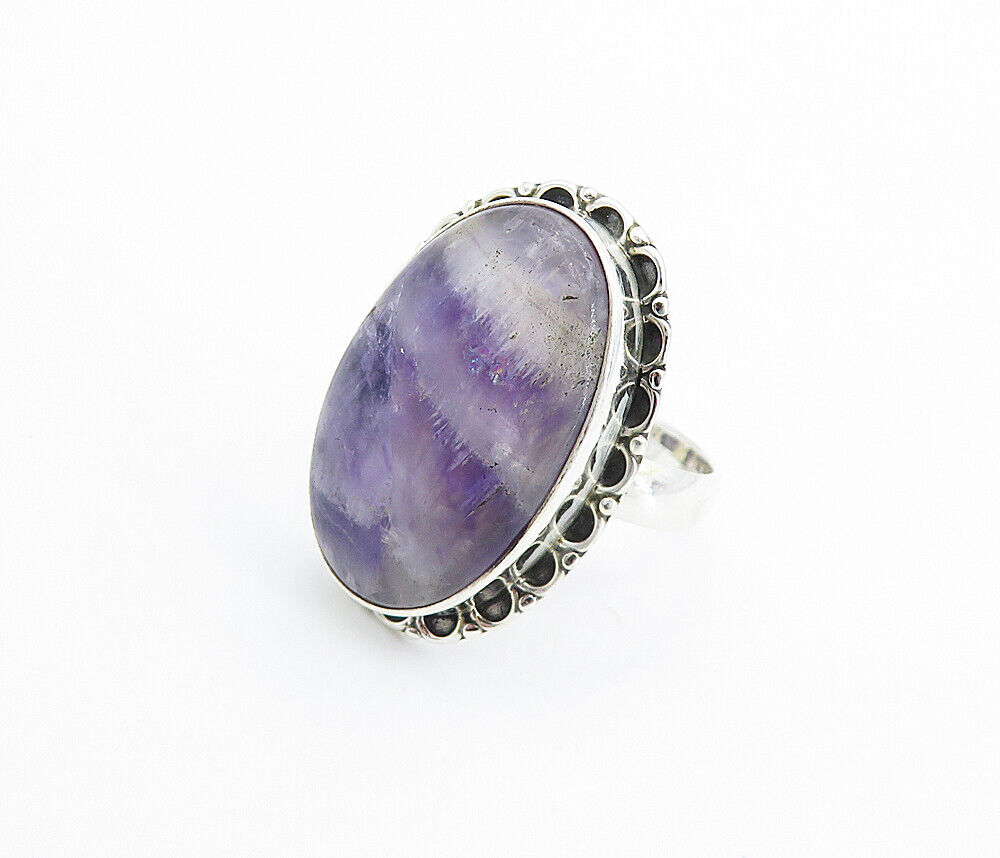 925 Sterling Silver  Cabochon Banded Amethyst Oval Cocktail Ring Sz 9  RG7747