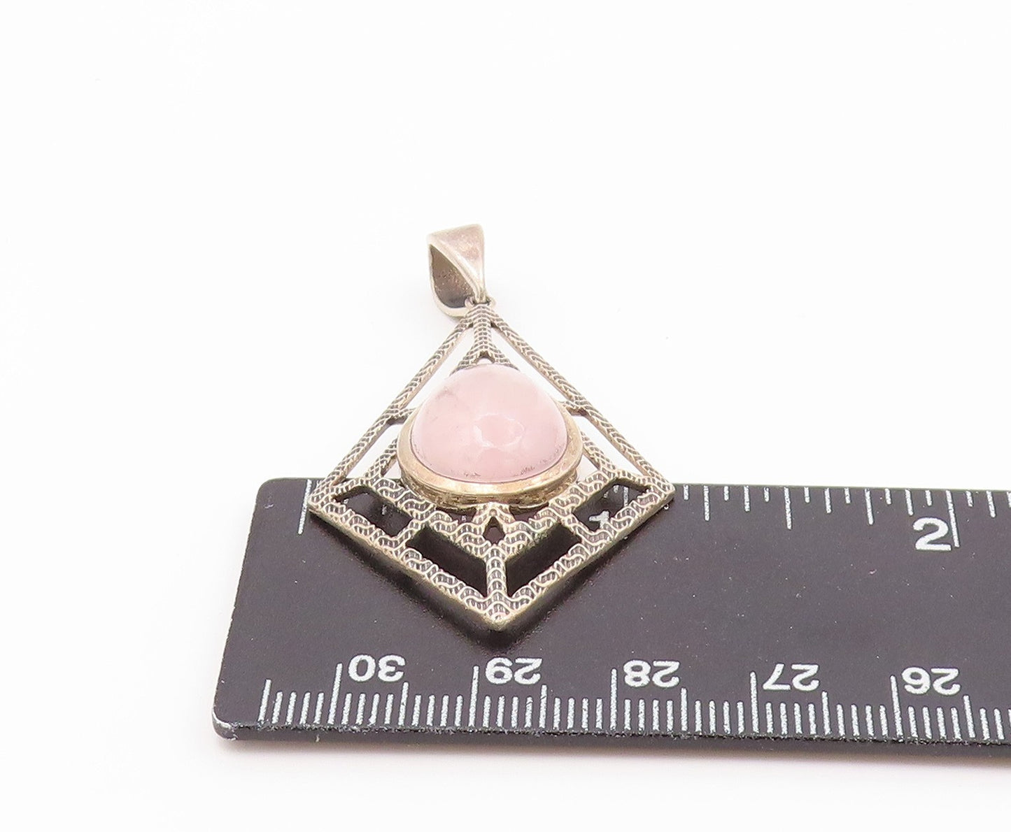 925 Sterling Silver Vintage Pendant Cabochon Rose Quartz Geometric Frame PT26479