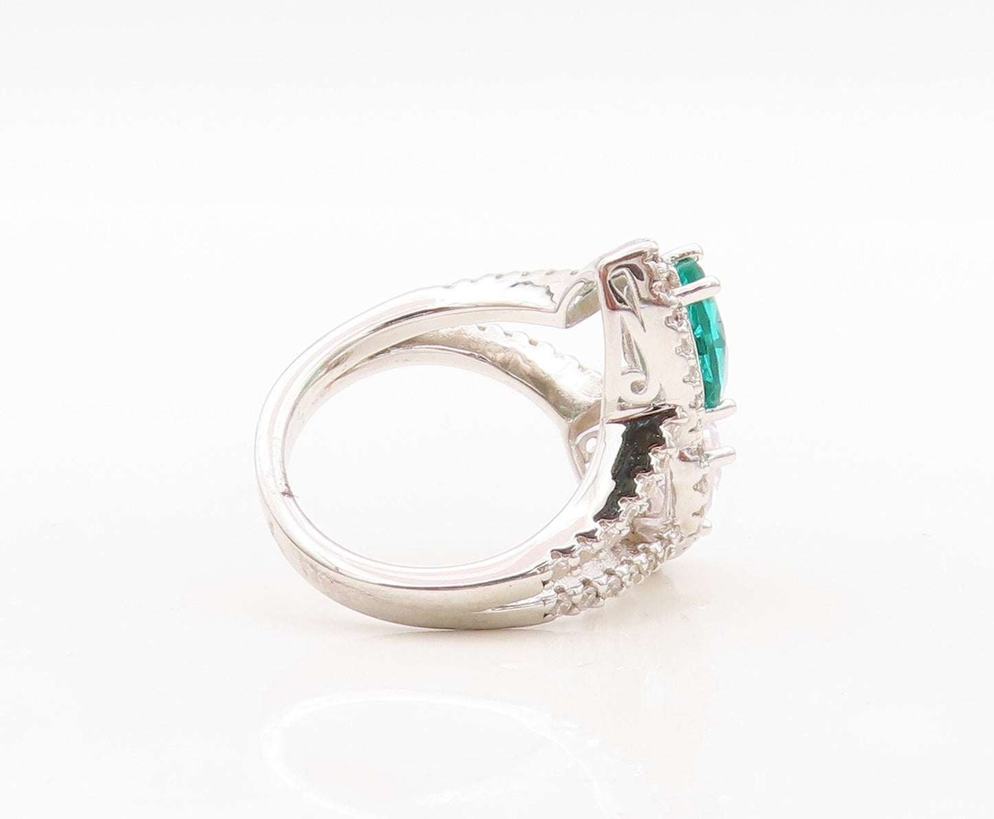 925 Sterling Silver Vintage Ring Designer Drop Sea Green & White CZ Sz 7 RG30410