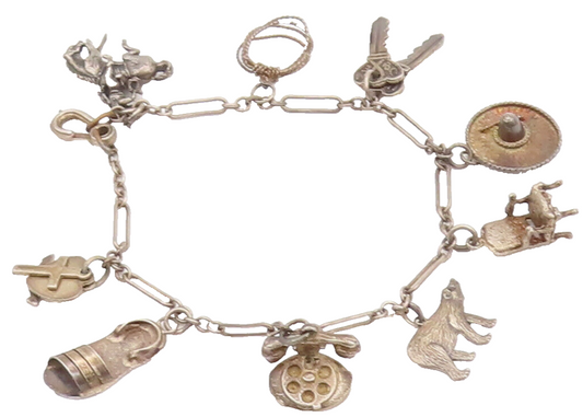 925 Sterling Silver Vintage Bracelet Wild West Old America Link Charm  BT10192