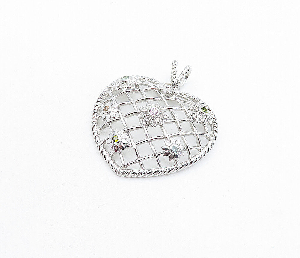 925 Sterling Silver Multi Color Topaz Weaved Floral Heart Pendant PT4637