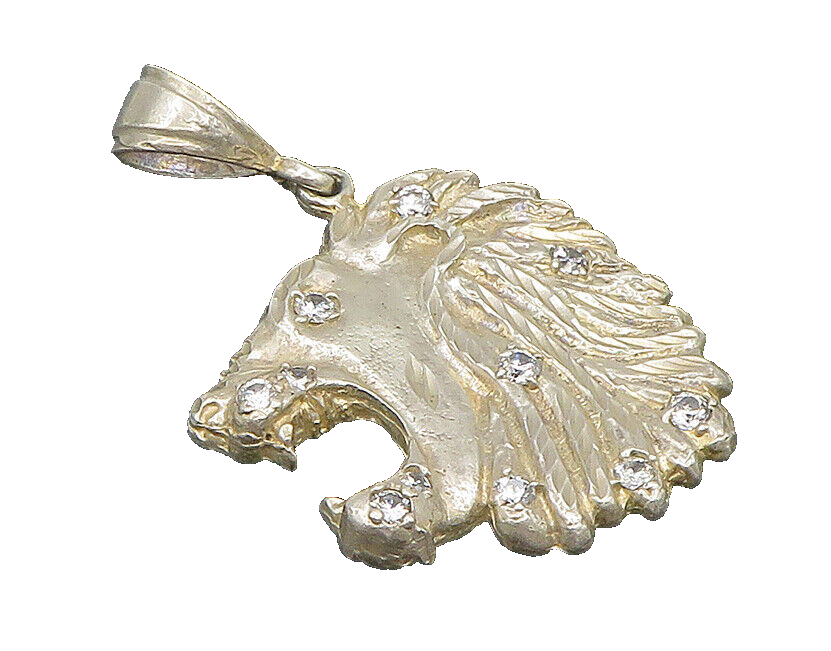 925 Silver  Vintage Carved Roaring Lion Head Cubic Zirconia Pendant  PT20394