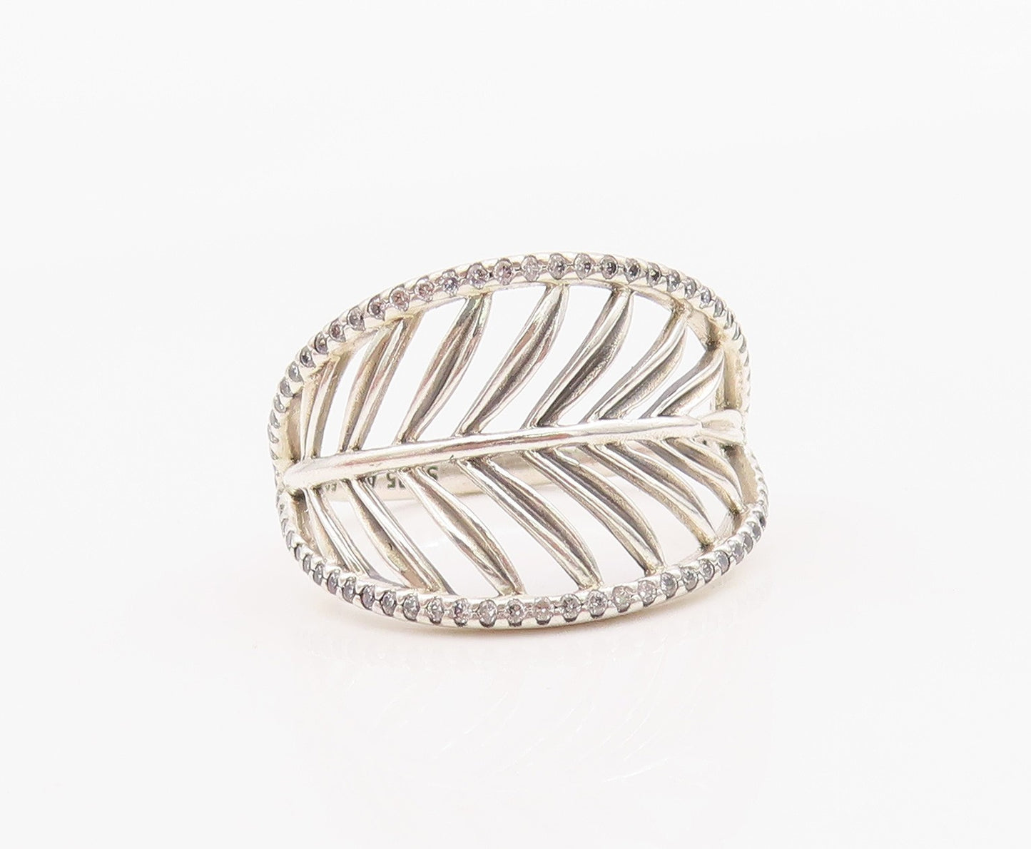 925 Sterling Silver Vintage Ring PANDORA CZ Tropical Palm Leaf  Sz 8.5  RG36280