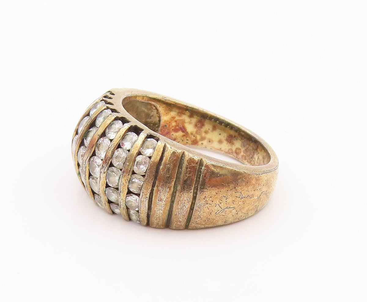 925 Sterling Silver Vintage Ring Gold Plated Grooved Topaz bands  Sz 9  RG32394