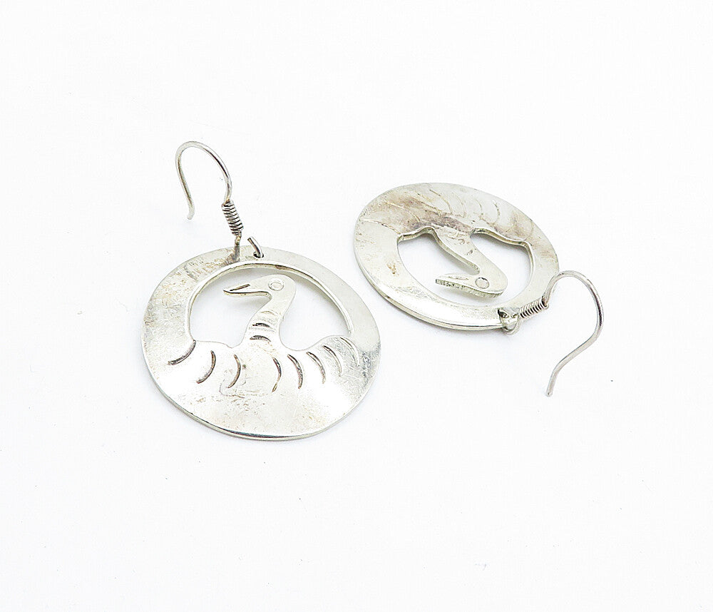 MEXICO 925 Sterling Silver  Vintage Etched Bird Round Dangle Earrings  EG2882