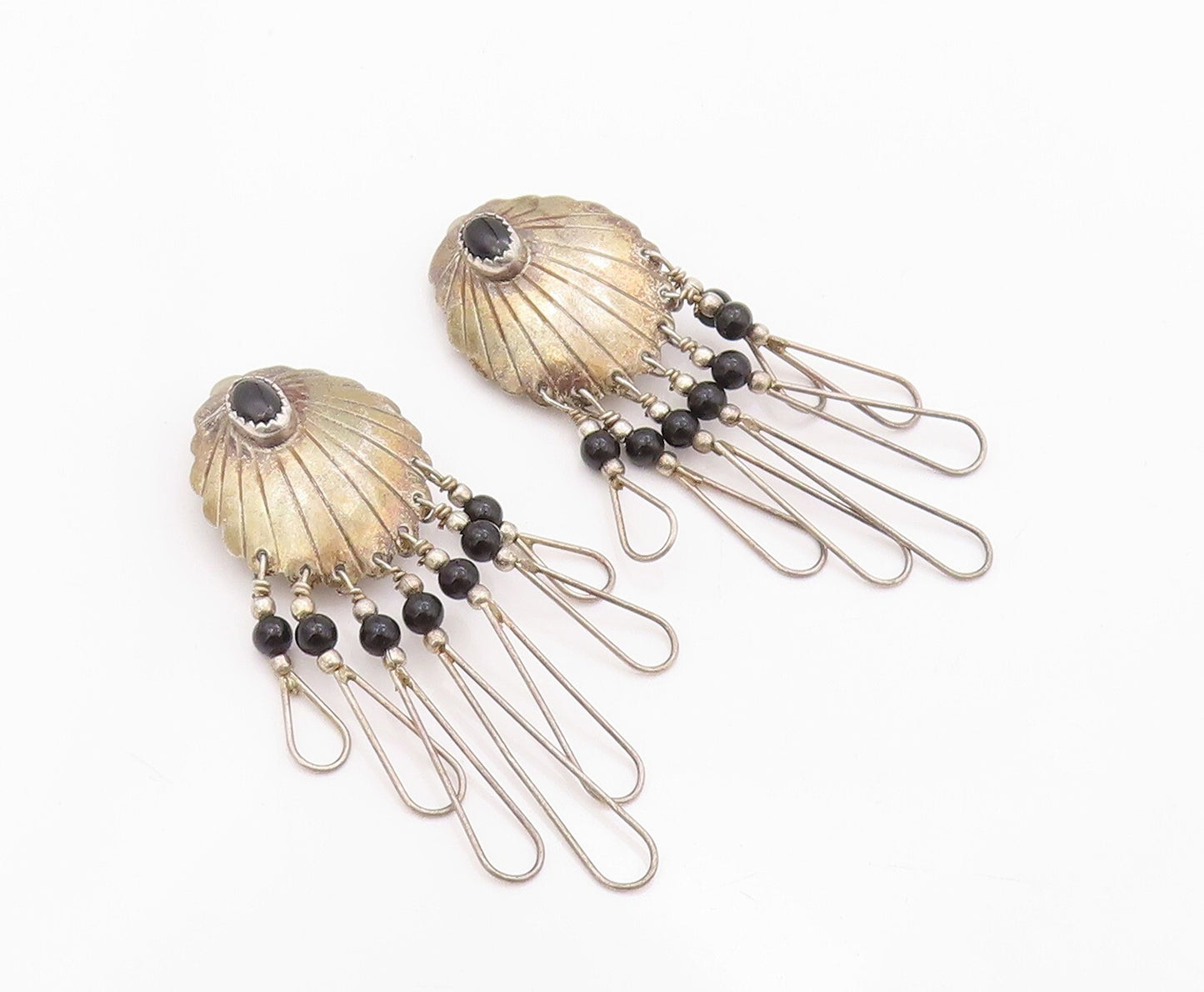 925 Sterling Silver Vintage Earrings NAVAJO Onyx Inlay Grooved Dangles  EG13427