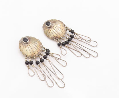 925 Sterling Silver Vintage Earrings NAVAJO Onyx Inlay Grooved Dangles  EG13427