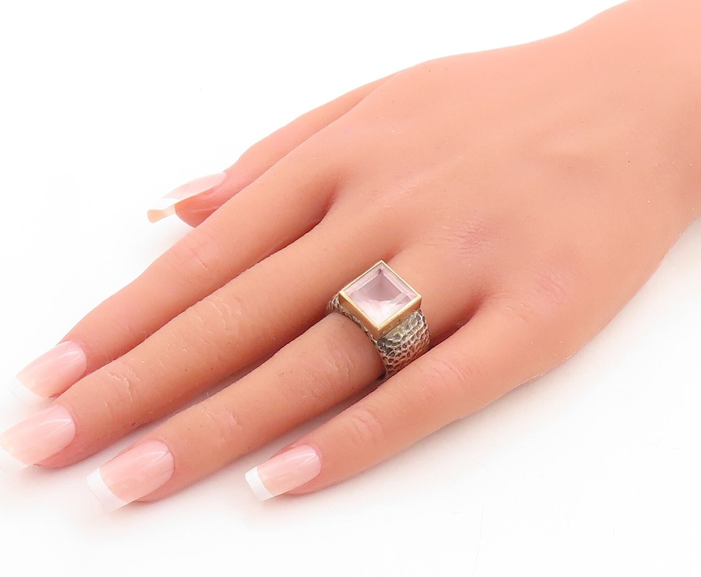 14k Gold 925 Sterling Silver Vintage Ring Pink CZ Hammered Effect  Sz 7  RG31510