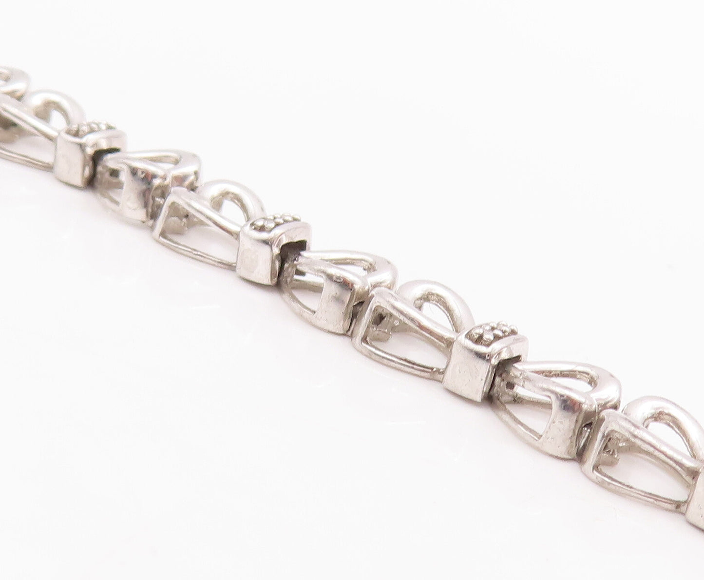 925 Sterling Silver Vintage Bracelet Cutout Real Diamonds Linked Hearts  BT10532