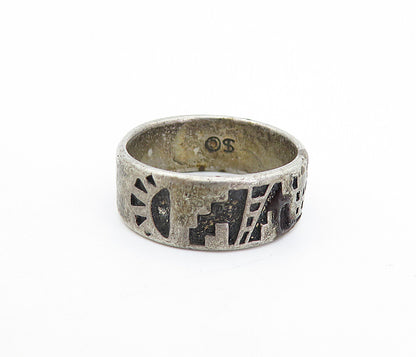 SHUBE 925 Sterling Silver  Vintage Oxidized City Scene Band Ring Sz 5.5 RG6807